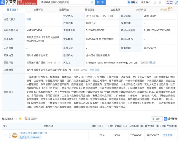 股票十倍杠杆 虎牙在成都新设跃虎信息科技公司